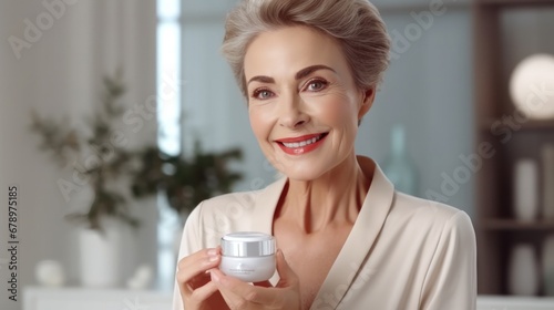 senior beautiful woman smile use cream for good skin. face of a healthy woman apply cream and makeup. Advertisement for skin cream, anti-wrinkle, baby face, whitening, moisturizer, tighten pores