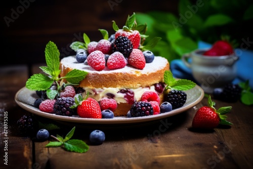 A beautifully crafted Birchermuesli cake served on a rustic wooden table, adorned with fresh berries and mint leaves, signifying a perfect blend of health and taste