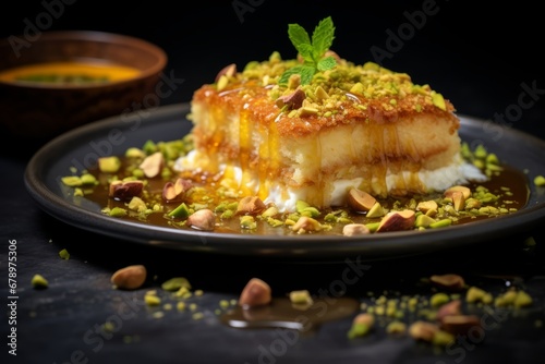 A beautifully presented plate of traditional Lebanese Knafeh, garnished with crushed pistachios and drizzled with sweet syrup, served on a rustic wooden table