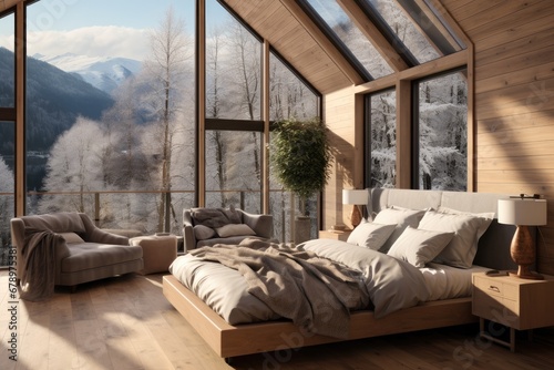 Bedroom interior in a modern wooden house in the mountains, Sunny weather. © visoot