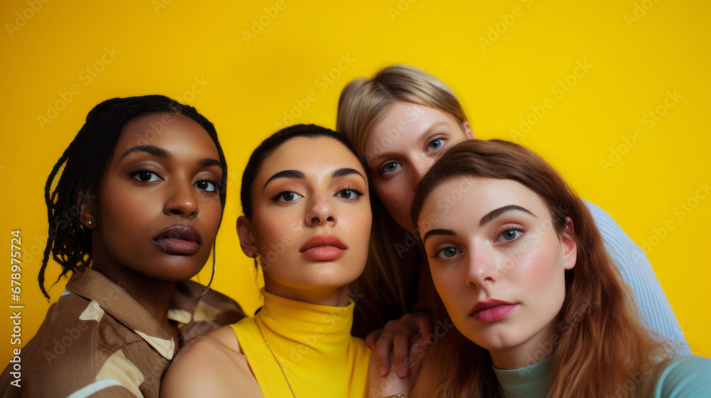 Obraz premium Diverse, group and youth portrait of young students or a friends for inclusivity and diversity. Confident, people or best friends taking a selfie together, having fun for protest or human rights