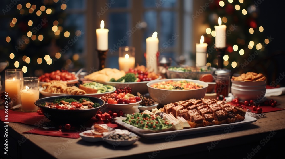 Christmas Dinner table full of dishes with food and snacks, New Year's decor with a Christmas tree on the background.