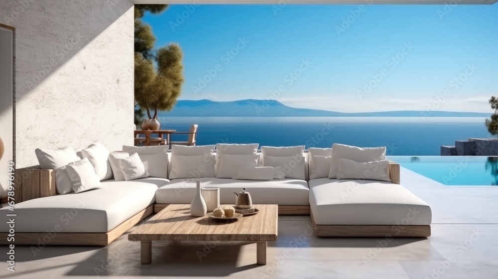 Fototapeta premium Interior modern open plan lounge patio close to the pool and ocean in background on one side behind the wall, White lounge suite.