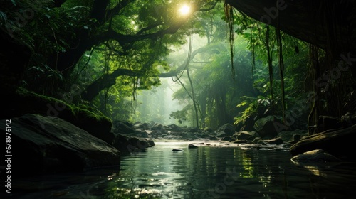 Lush green forest  tropical rainforest  tranquil scene  mysterious