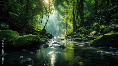 Lush green forest, tropical rainforest, tranquil scene, mysterious