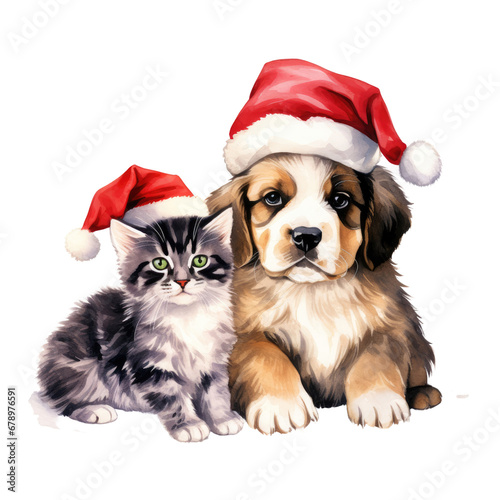 Watercolor Cute puppy and cat in red santa claus hat isolated on transparent background. © Songyote