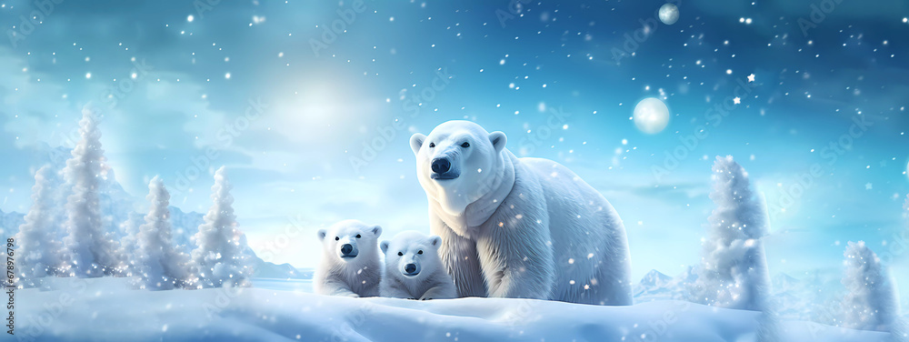 Bear with small children. Christmas. Banner. Generated AI. Photoshop has been improved. Bear with small children. Christmas. Banner. Generated AI. Photoshop has been improved.