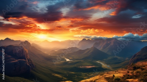 Sunset over majestic mountain range, tranquil wilderness © sirisakboakaew