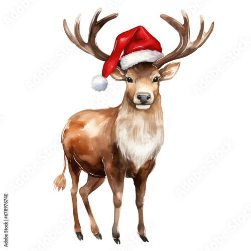 Watercolor christmas reindeer with santa hat isolated on transparent background.