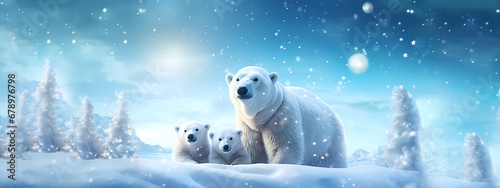 Bear with small children. Christmas. Banner. Generated AI. Photoshop has been improved.