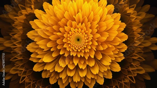 A perfectly symmetrical mandala of marigolds, consisting of intricate layers of smooth, petallike structures in varying shades of saffron and mustard yellow. photo