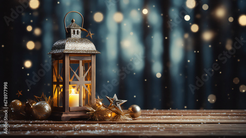 Christmas glowing lantern and hanging ornaments, wood background and snow. Burning candle and the brown planks against bokeh background. 