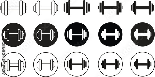 Set of Dumbbells icons in Black flat style. Gym heavy strength training dumbbells pictogram. Weight lifting dumbbell signs editable stock. Dumbbells for sports hall isolated on transparent background. photo