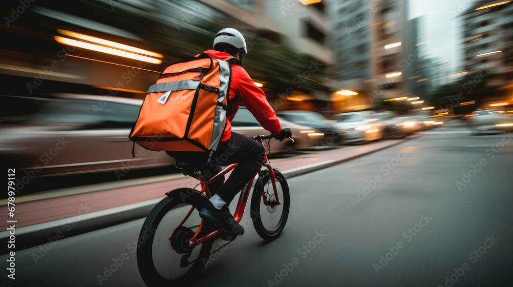 Obraz premium Delivery man on electric scooter or bike navigating an urban environment, serving as a food delivery driver carrying a large food delivery bag.