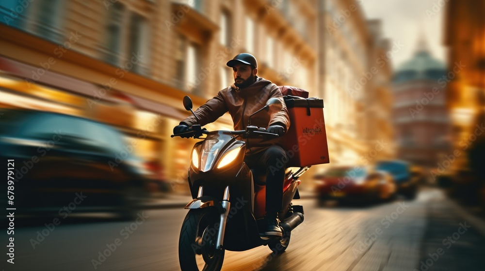 Delivery man on electric scooter or bike navigating an urban environment, serving as a food delivery driver carrying a large food delivery bag.