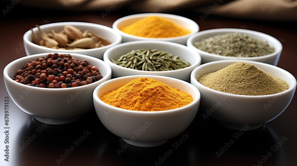 Close-up spices in white bowls.