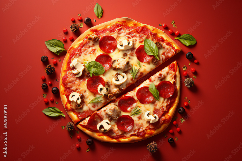 slice of pizza with tomato and basil, ham. Top view, flat lay. Christmas food. Red background