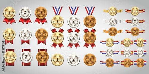 Gold, silver and bronze medals on ribbons realistic illustrations set photo