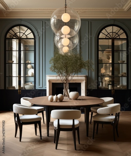 Elegant Dining Room: Wooden Floors and a Dazzling Chandelier Illuminate the Space