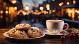 Cup of hot drink and cookies on blurred background