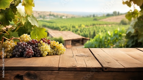 Product display template empty old wooden boards table with grape farm in background. photo