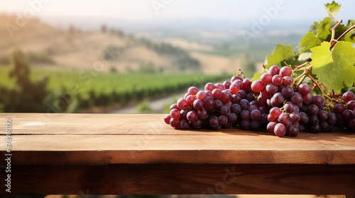 Product display template empty old wooden boards table with grape farm in background.