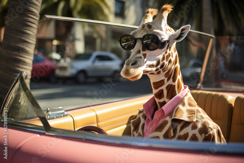 An exotic twist on transportation as a tall and stylish giraffe dons sunglasses for a fun ride. It's a playful take on wildlife and adventure is AI Generative.