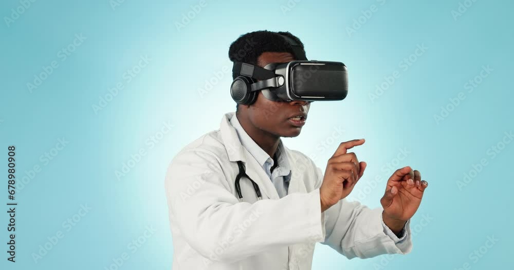 Doctor, medicine and future with virtual reality in studio on blue background for mockup. Black, person and healthcare for operation in procedure for examination with patient, treatment and hospital Doctor, medicine and future with virtual reality in studio on blue background for mockup. Black, person and healthcare for operation in procedure for examination with patient, treatment and hospital
