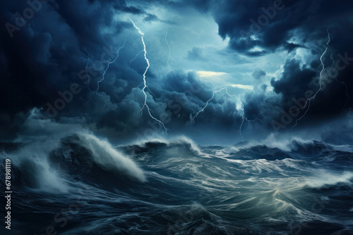 A thunderous night at sea with striking lightning and raging waves, showcasing the relentless power of the stormy ocean. AI Generative.