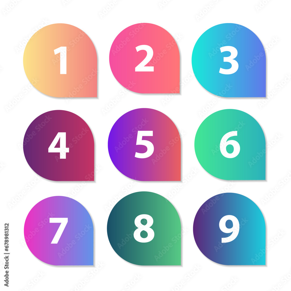 Arrow bullet point triangle flags set on white background. Colorful gradient markers with number from 1 to 9 for your design. vector illustration Arrow bullet point triangle flags set on white background. Colorful gradient markers with number from 1 to 9 for your design. vector illustration