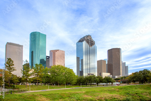 skyline of Houston ij late afternoon seen from the Bayou walk  Texas