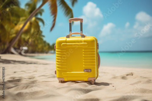 A traveler's vision, Yellow suitcase on a stunning beach under the summer sun. Travel in style is AI Generative.