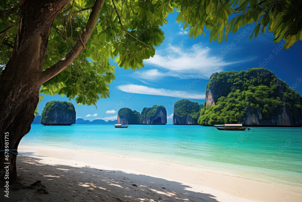 Obraz premium Thailand's stunning Phi Phi Island beach, a paradise for travelers seeking sun, sea, and sand. AI Generative.