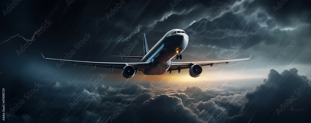 A commercial airliner winging its way through a dark and stormy thunderstorm with lightning, highlighting the determination of air travel in challenging conditions. AI Generative. - obrazy, fototapety, plakaty 