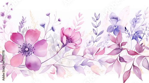 Watercolour illustration, wild blooming floral pattern, greeting card template