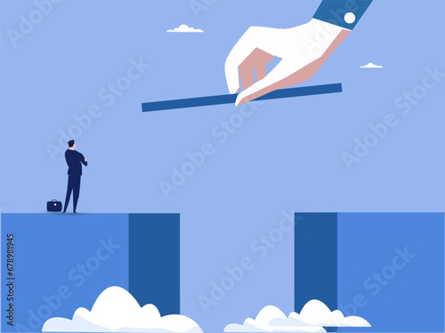Business support, help, investment vector concept. Giant Hand helping small businessman, minimal design. Symbol of opportunity, challenge, leadership. vector  illustration.