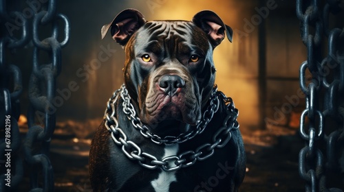 American Pit Bully dog with fierce and muscular muscles in a room with chains. The background of the photograph is a oppressive and confined environment. There is some smoke in the background. photo