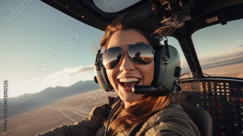 A beautiful female pilot taking a selfie in the cockpit while piloting a plane with the sky in the background. © Phoophinyo