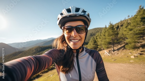 A beautiful female cyclist taking a selfie while cycling with pine trees and hills in the background.