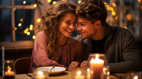 Romantic couple in candlelight Valentine s Day.  