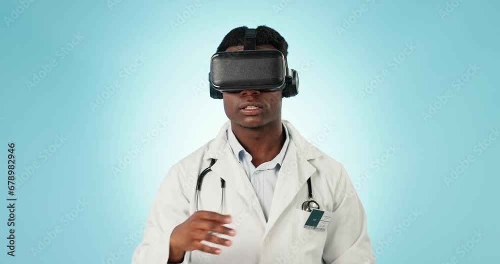 Doctor, healthcare and future with virtual reality in studio with blue backdrop, face and mockup. Black, person and technology with innovation for medicine, consultation and treatment in strategy Doctor, healthcare and future with virtual reality in studio with blue backdrop, face and mockup. Black, person and technology with innovation for medicine, consultation and treatment in strategy
