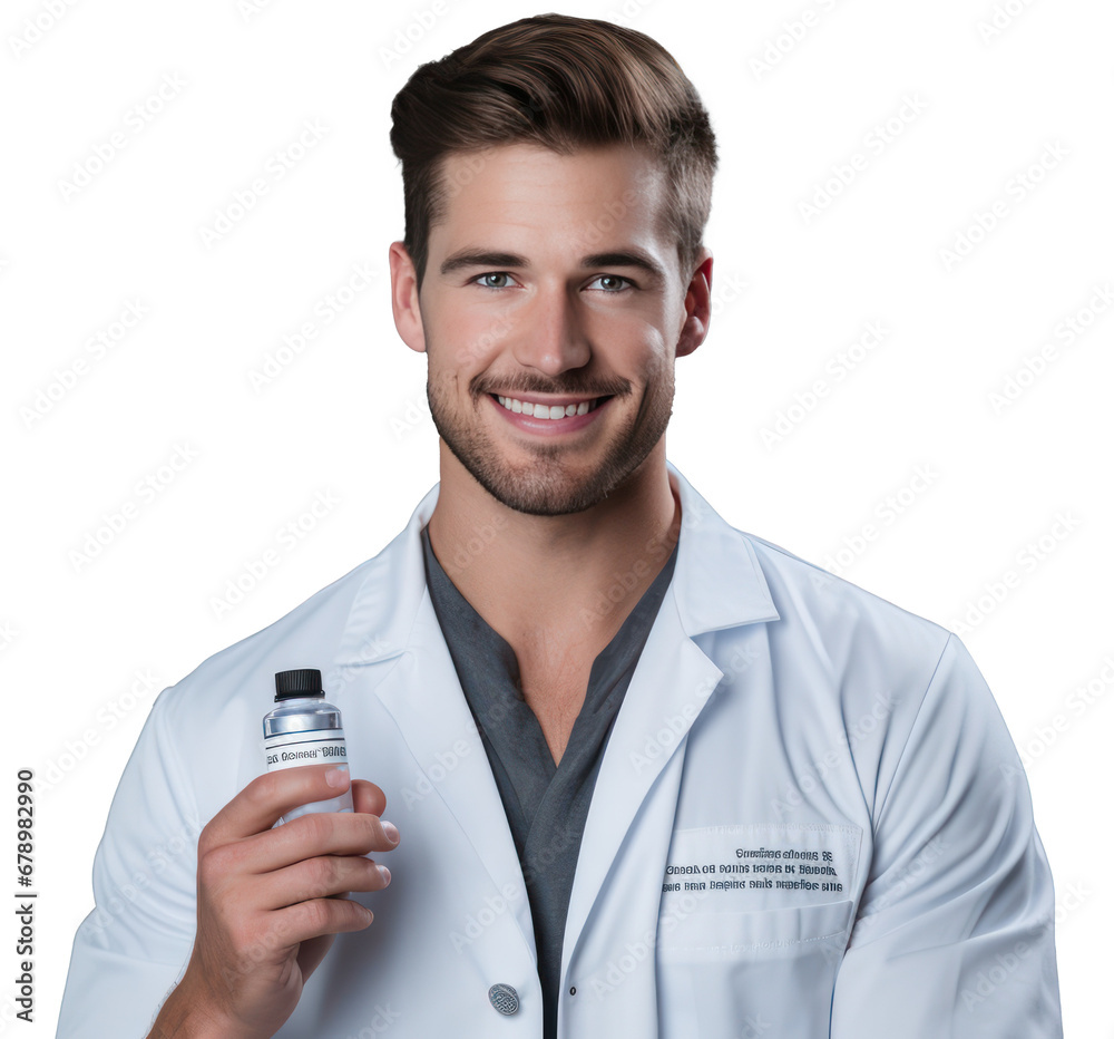 A Portrait of a cheerful handsome doctor showing and advertising a new vaccine product on a gray background. A Portrait of a cheerful handsome doctor showing and advertising a new vaccine product on a gray background.