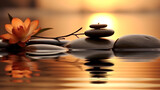 Zen Spa Concept -Stones and a Water lily in the water at sunset.