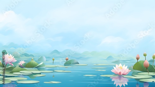 watercolor wallpaper pattern landscape of lotus flower with kingfisher with lake background 