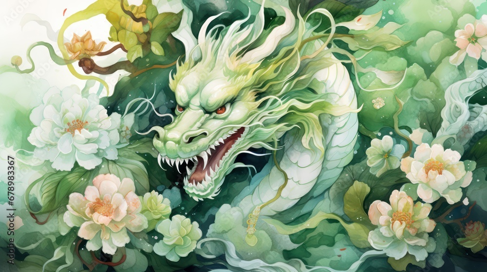 A Watercolor painting for Happy Chinese New Year Powerful green dragon Scary and awe-inspiring. Chinese Watercolor painting art. Chinese New Year concept. New Year greeting card background. - obrazy, fototapety, plakaty 
