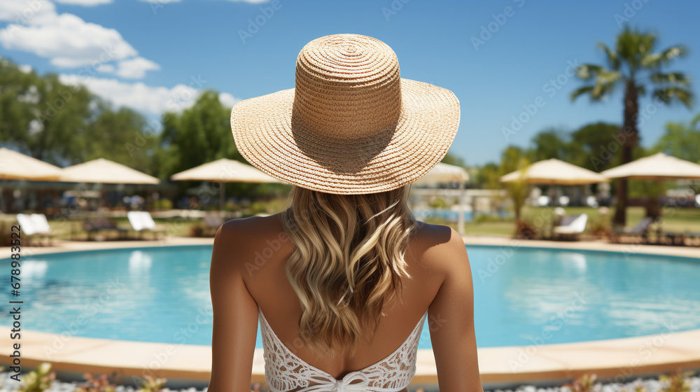 woman relaxing in a pool HD 8K wallpaper Stock Photographic Image