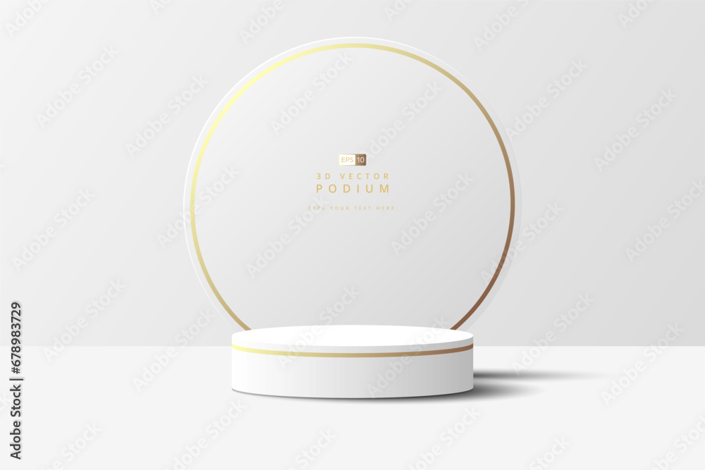 Luxury white 3D cylinder podium realistic or pedestal stage for product display presentation with round circle shape backdrop. Minimal scene for mockup. stage showcase. 3d vector geometric form. - obrazy, fototapety, plakaty 
