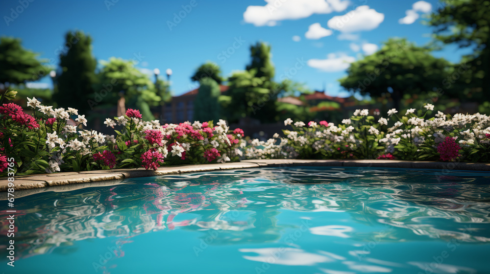 swimming pool and flowers HD 8K wallpaper Stock Photographic Image