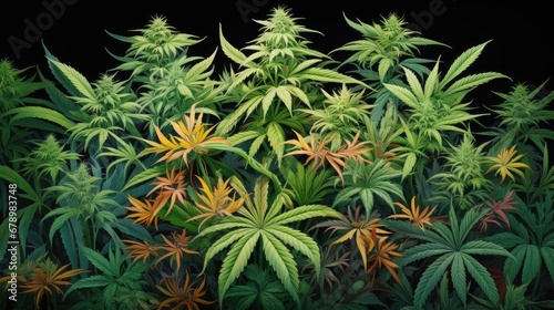 Vibrant and healthy cannabis bush illustration with lush green leaves and resinous buds  showcasing the natural beauty of this legal and widely used plant