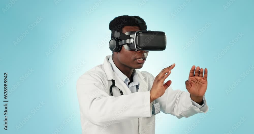 Metaverse, doctor or man with glasses for interaction on a blue background for futuristic healthcare. Hands, work and African medical employee with headset for virtual reality planning with ai or vr Metaverse, doctor or man with glasses for interaction on a blue background for futuristic healthcare. Hands, work and African medical employee with headset for virtual reality planning with ai or vr